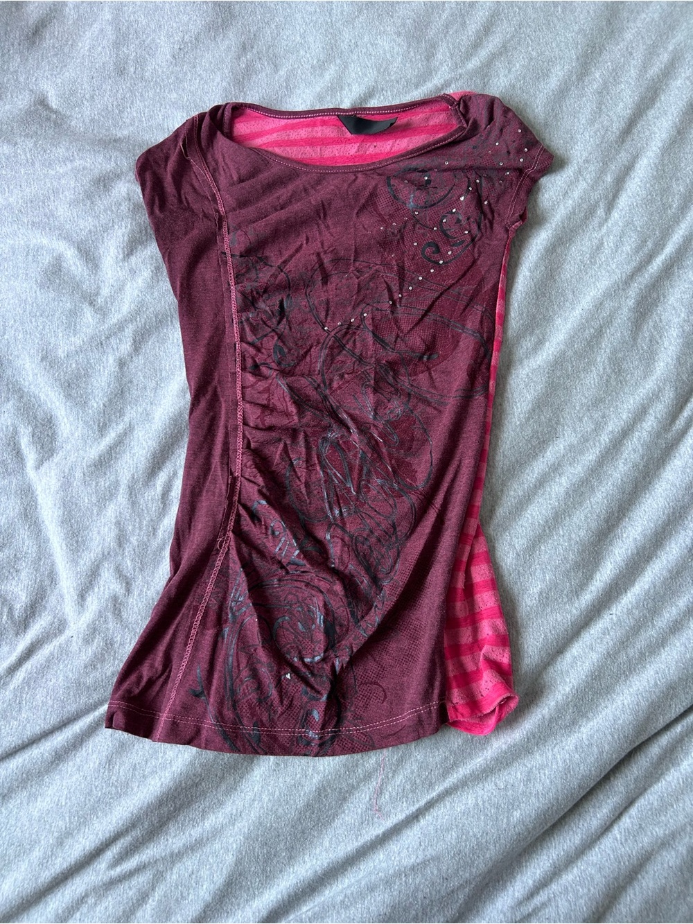 Women’s Burgundy & Pink Striped Short Sleeve Top